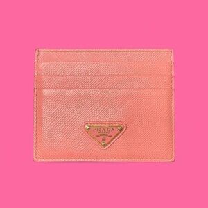 prada triangle logo leather card holder wallet in “petal pink” gold hardware!